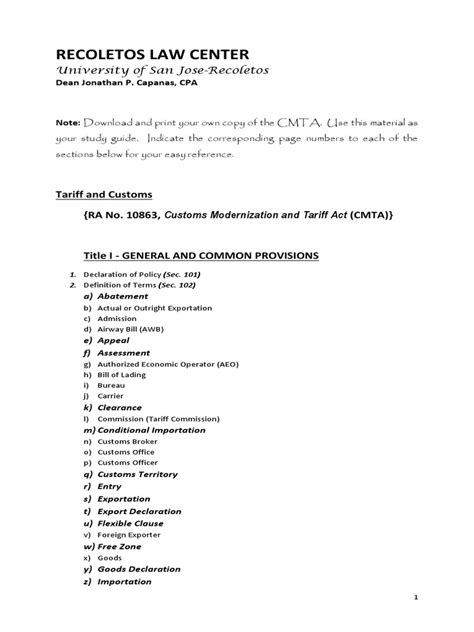 2021 Customs Modernization and Tariff Act (RA 10863) .